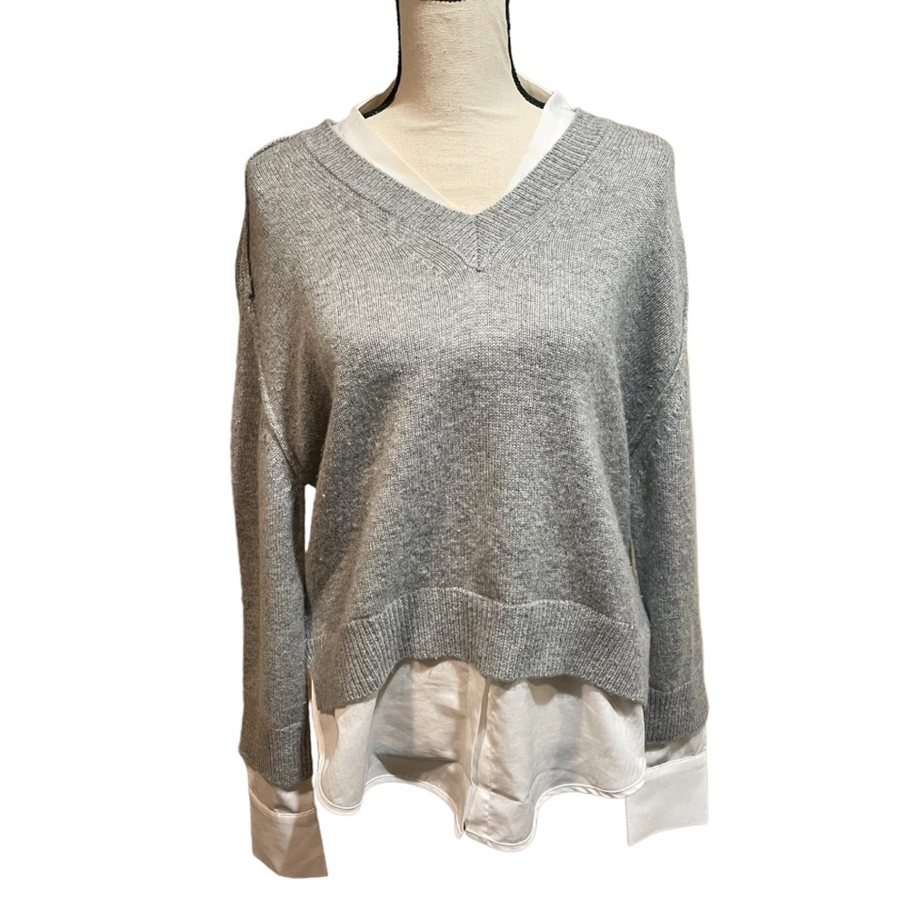 Brochu Walker Wool Cashmere Gray Collared Layered Sweater